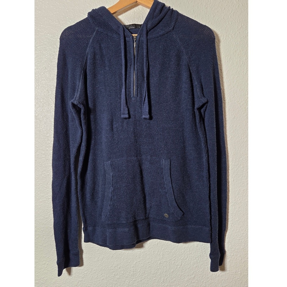 prAna Women's Large Knit Hoodie Quarter Zip Navy Blue Sweater Pullover Gorpcore